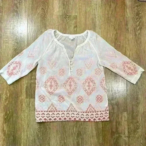 J. Jill Tops - EUC J. Jill Silk Cotton Boho Western Aztec Embroidered Blouse White Coral Small